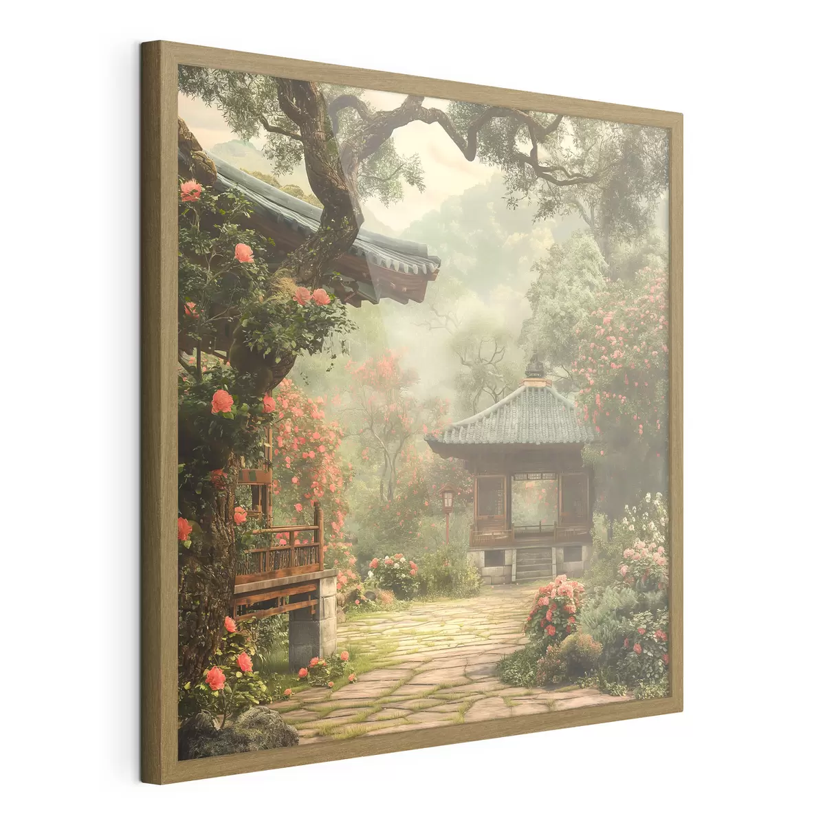 Poster Parque japonés con árboles y flores en flor, bosque, casa de madera f39773