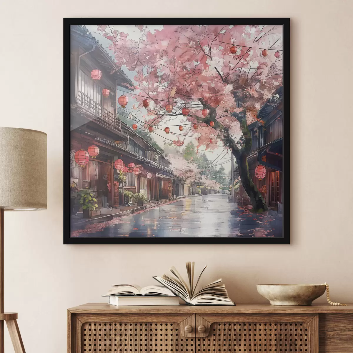 Poster Calle japonesa con cerezos en flor, arquitectura oriental, linternas f39774