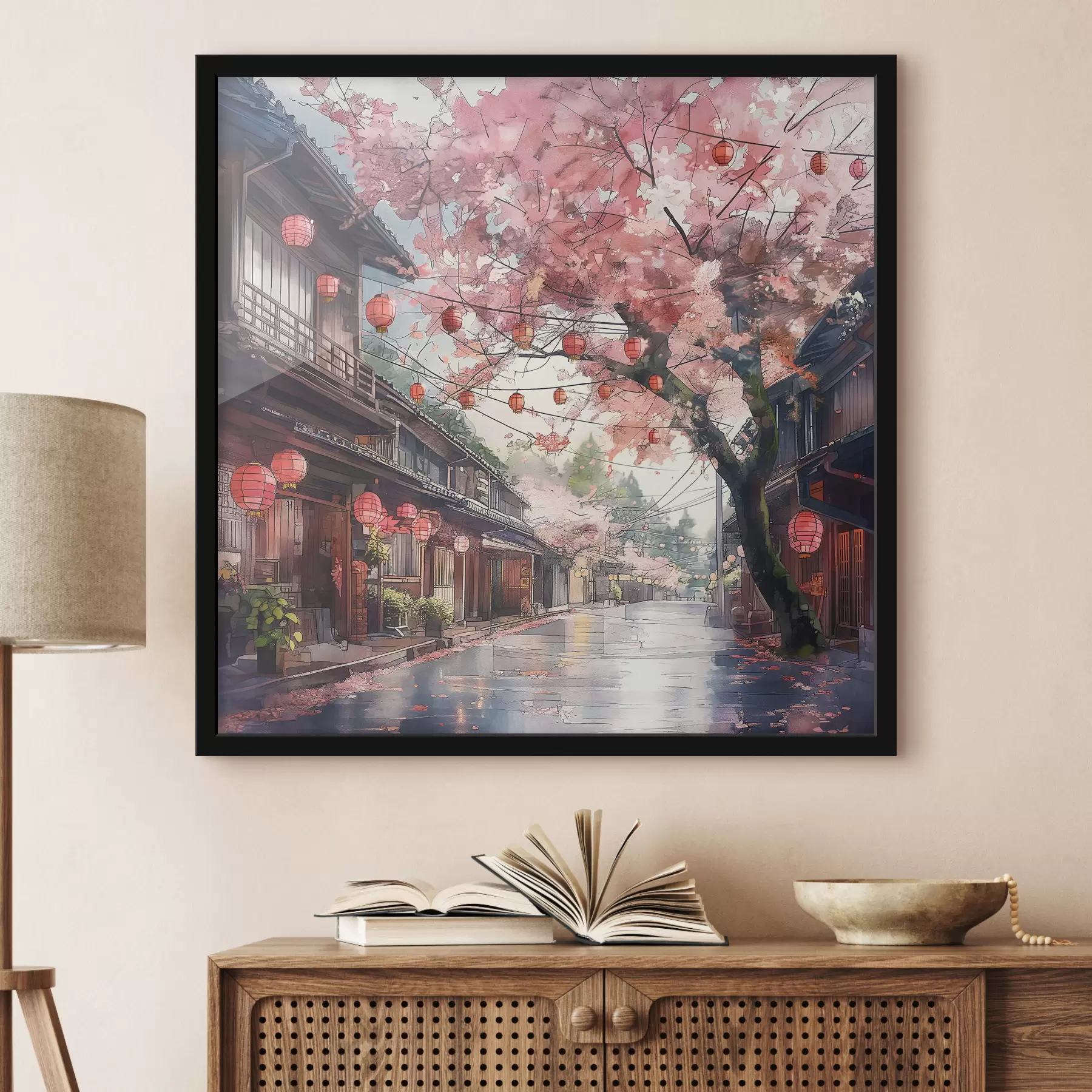 murales de pared Calle japonesa con cerezos en flor, arquitectura oriental, linternas f39774