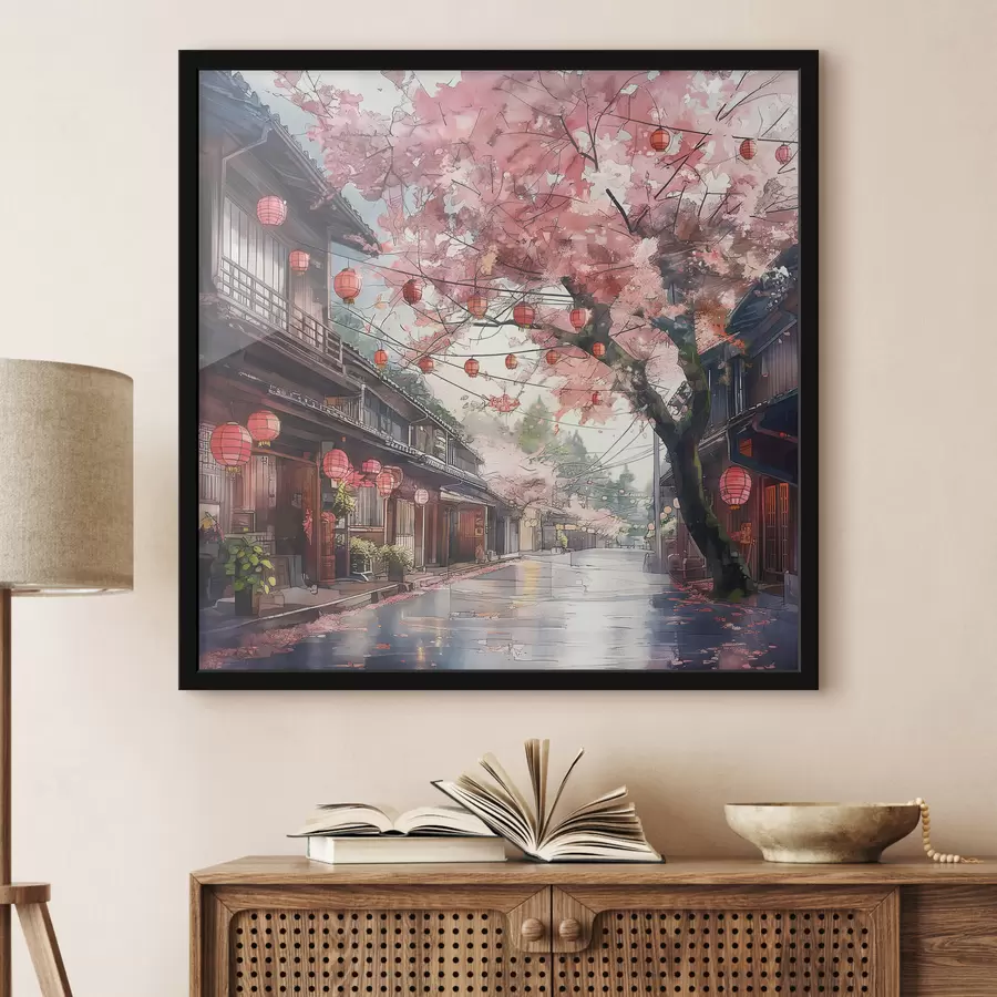 murales de pared Calle japonesa con cerezos en flor, arquitectura oriental, linternas f39774