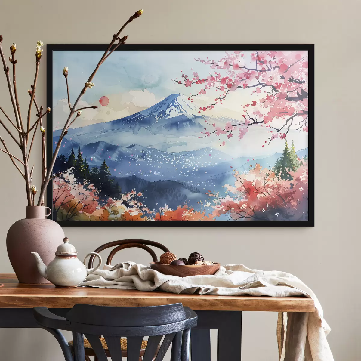 Poster Paisaje de montaña Fuji, naturaleza oriental, cerezos, puesta de sol f39775