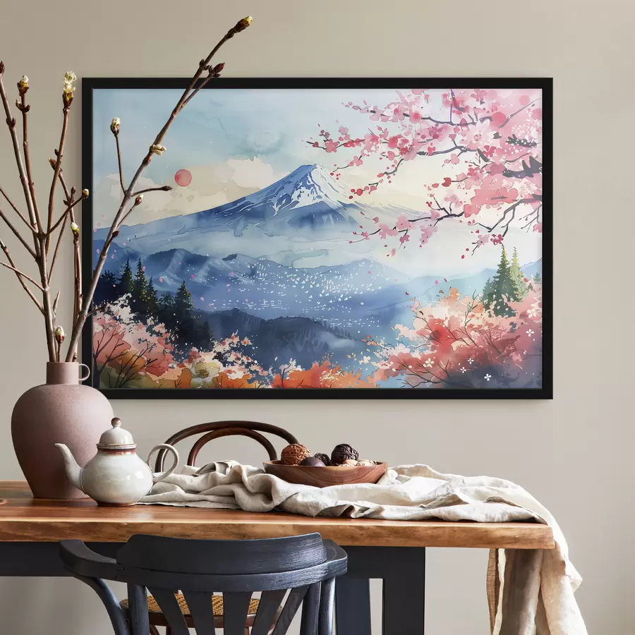 murales de pared Paisaje de montaña Fuji, naturaleza oriental, cerezos, puesta de sol f39775