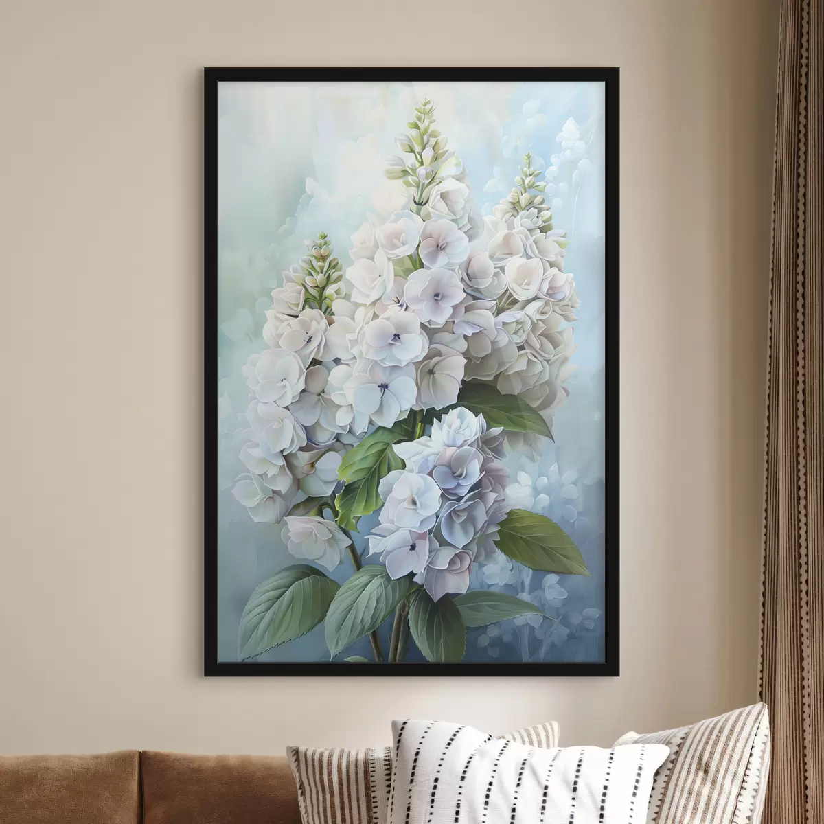 Poster Flor de hortensia morada, colores naturales suaves, dibujo de acuarela f39783