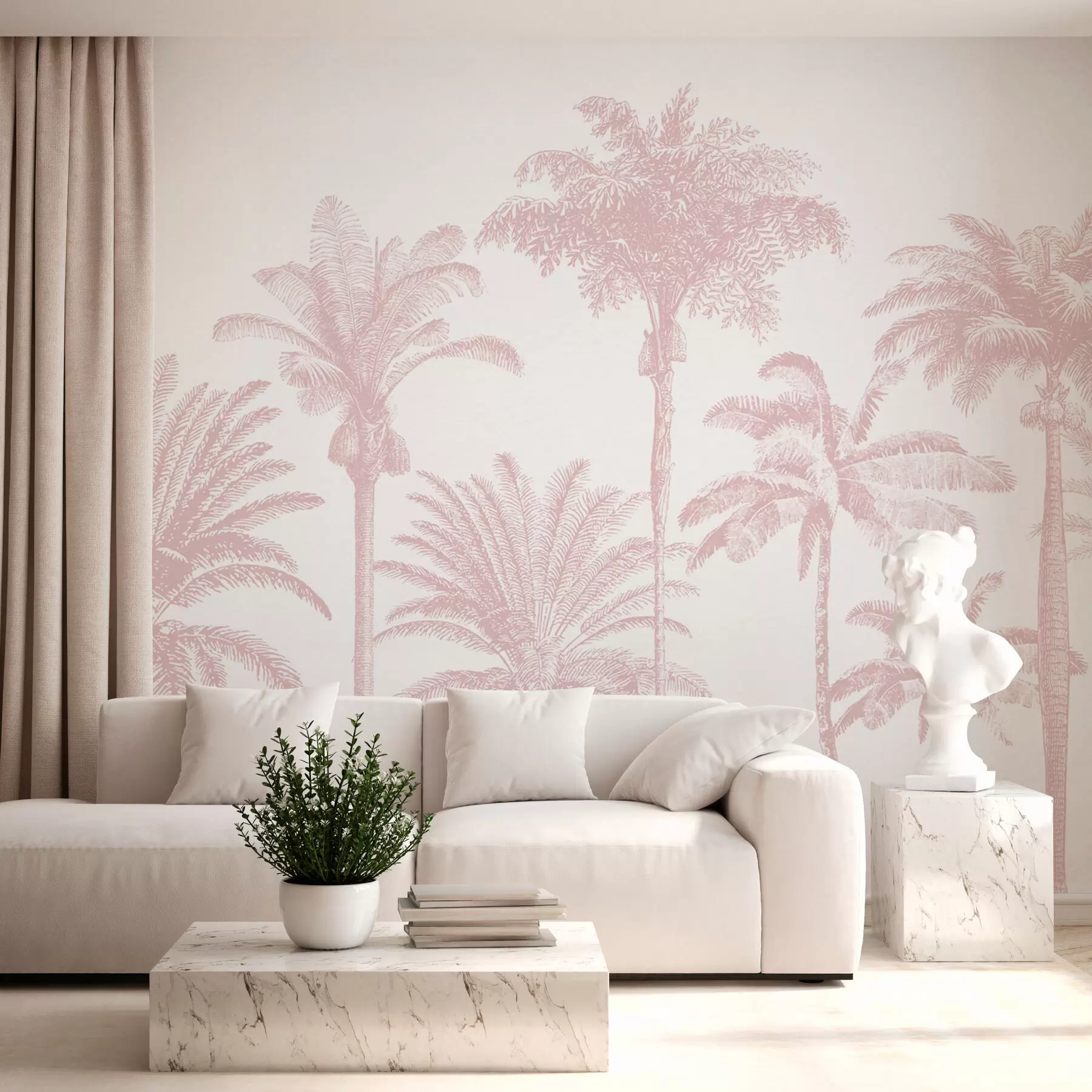 murales de pared Oasis de palmeras tropicales de color rosa mínimo w08111v1
