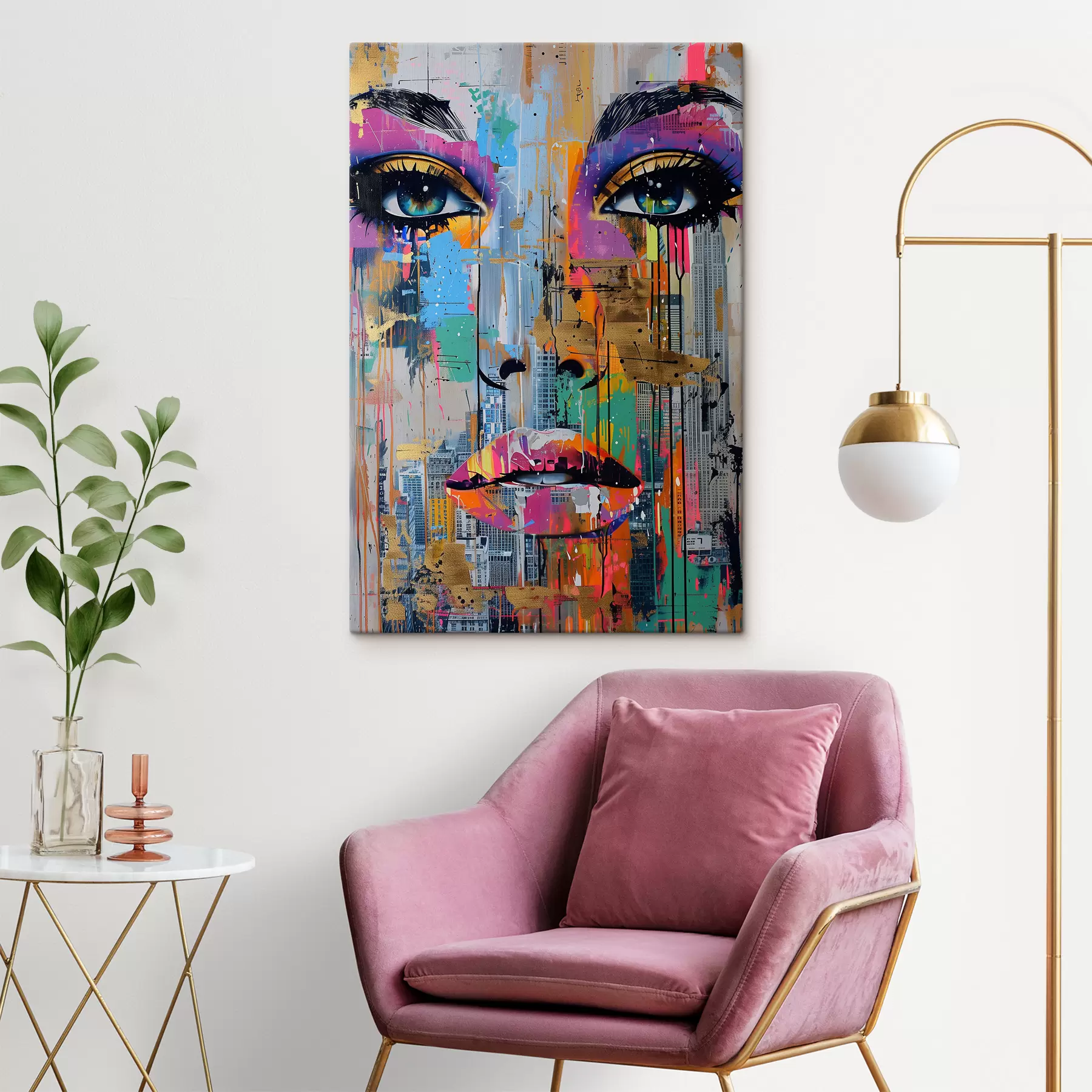 murales de pared Ojos azules y vista a la ciudad. s39800