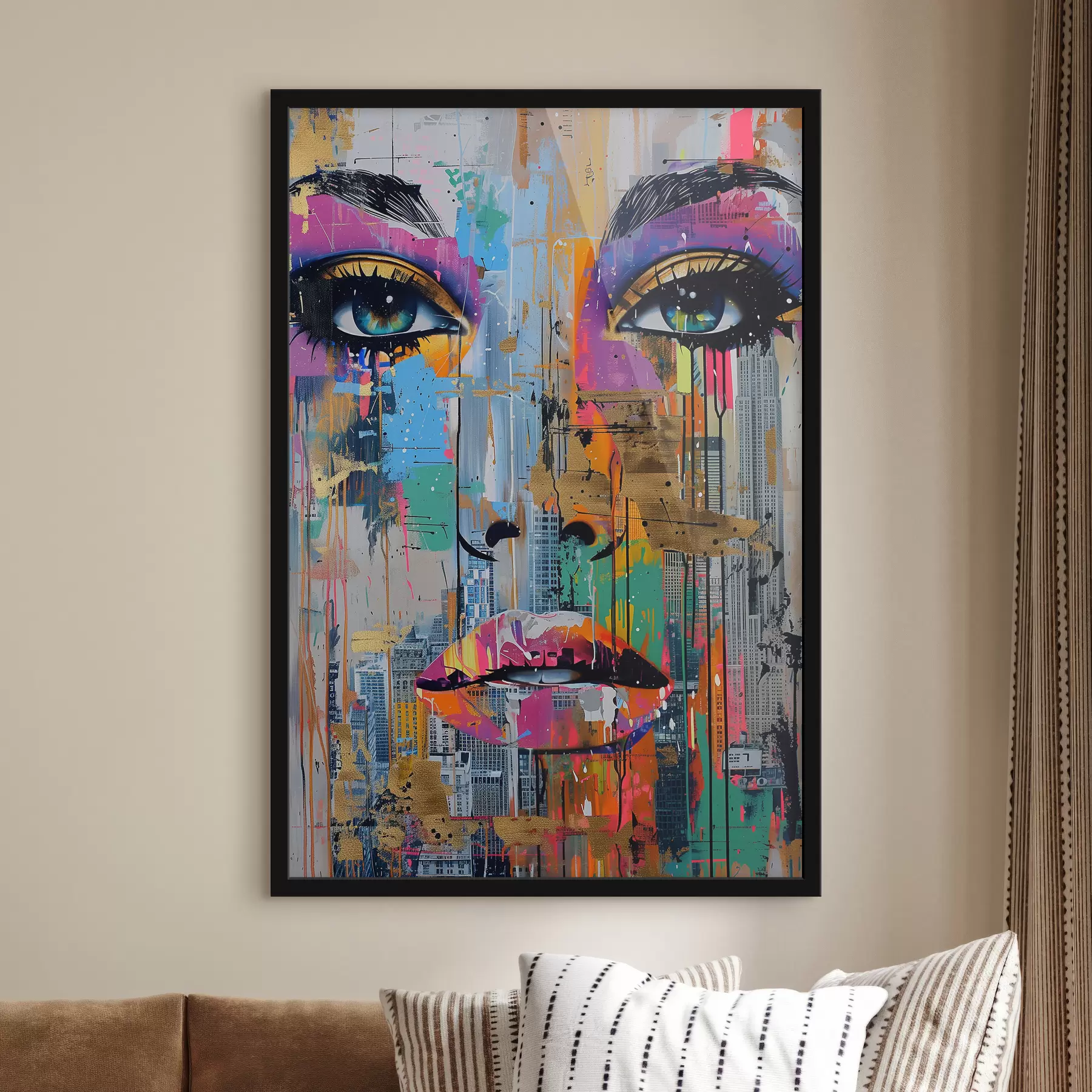 murales de pared Ojos azules y vista a la ciudad f39800