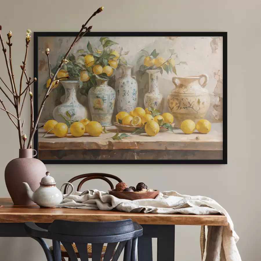 murales de pared Limones y jarrones antiguos sobre la mesa. f39833