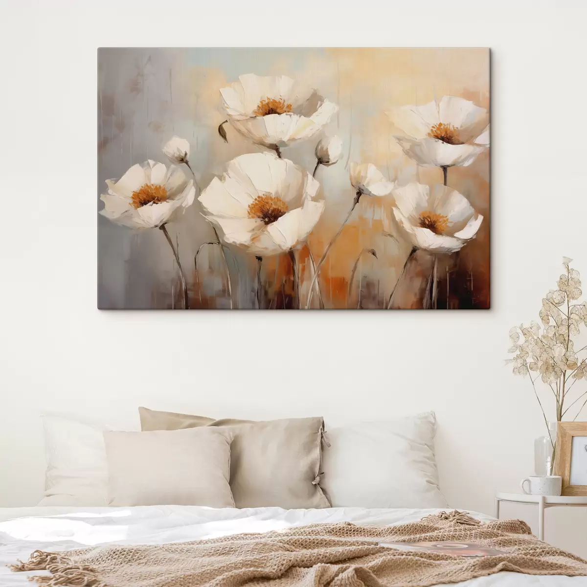 murales de pared Cuadro al óleo de amapolas blancas, color azul y naranja. s39815