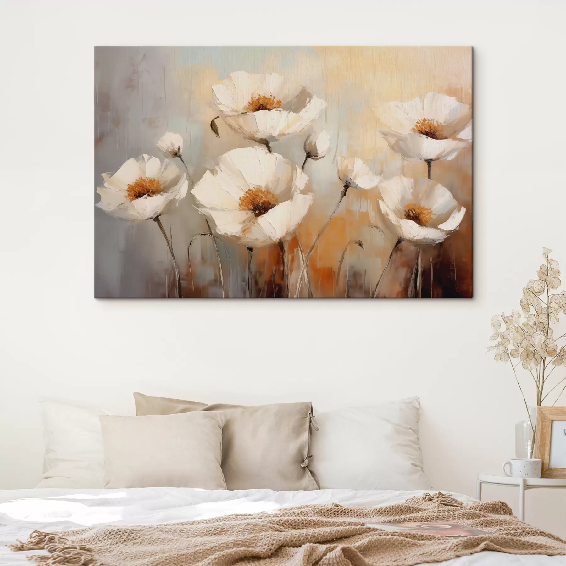murales de pared Cuadro al óleo de amapolas blancas, color azul y naranja. s39815