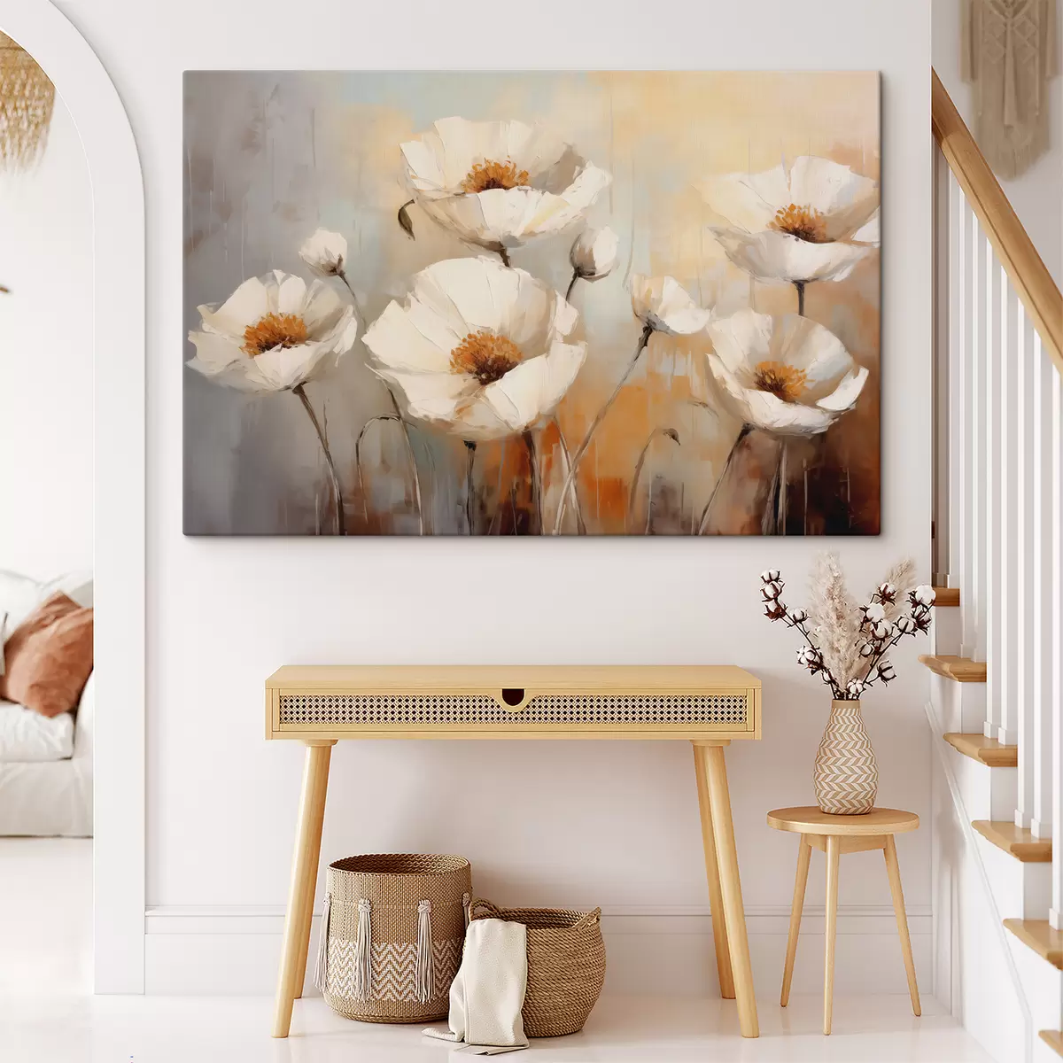 murales de pared Cuadro al óleo de amapolas blancas, color azul y naranja. s39815