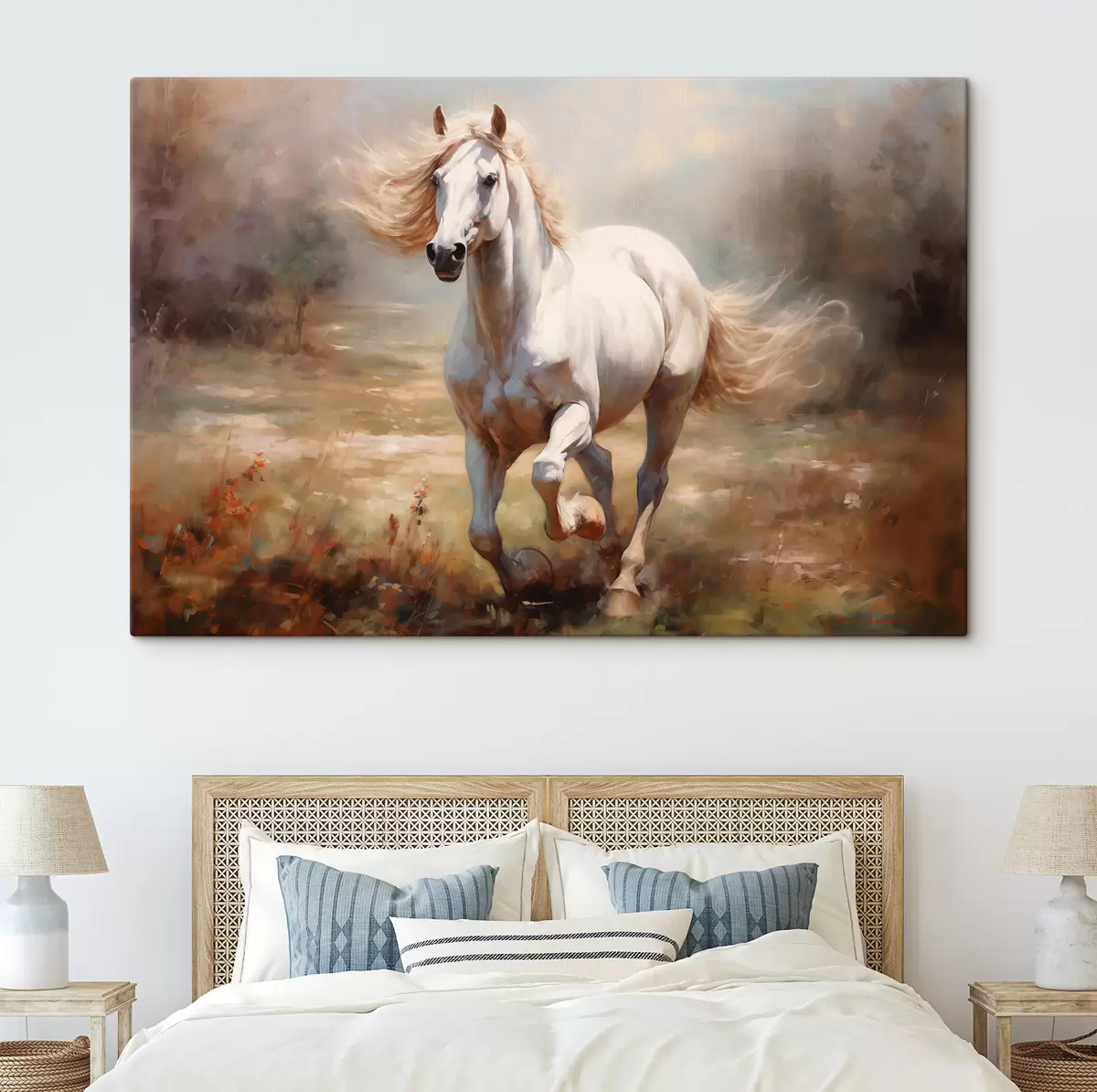 murales de pared Caballo blanco galopando por el cuadro al óleo del prado s39818