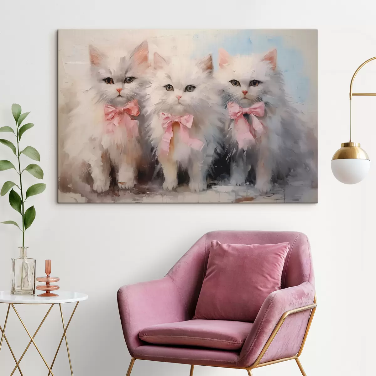 murales de pared Cuadro al óleo de gatos blancos con lazos rosas. s39826