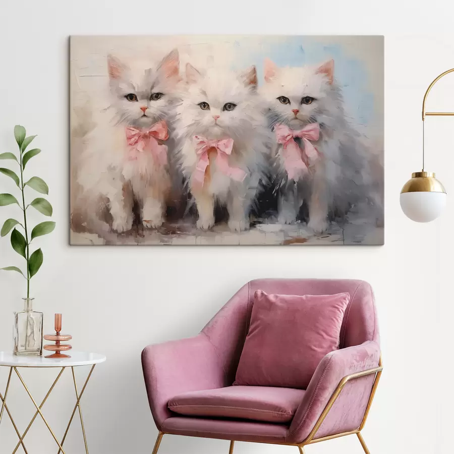 murales de pared Cuadro al óleo de gatos blancos con lazos rosas. s39826
