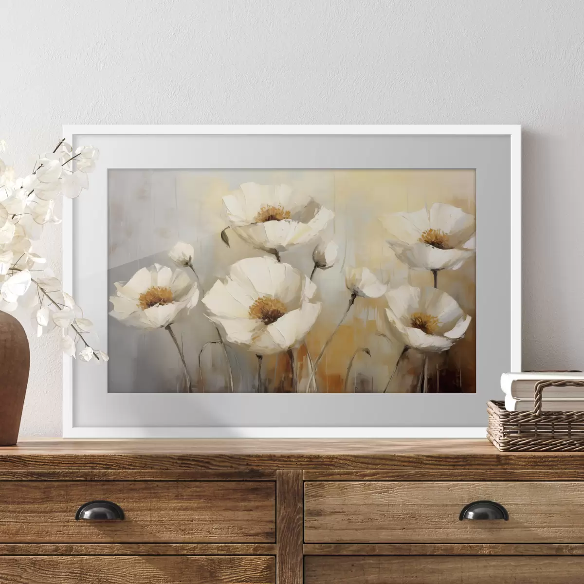 Poster Cuadro al óleo de amapolas blancas, color azul y naranja f39815