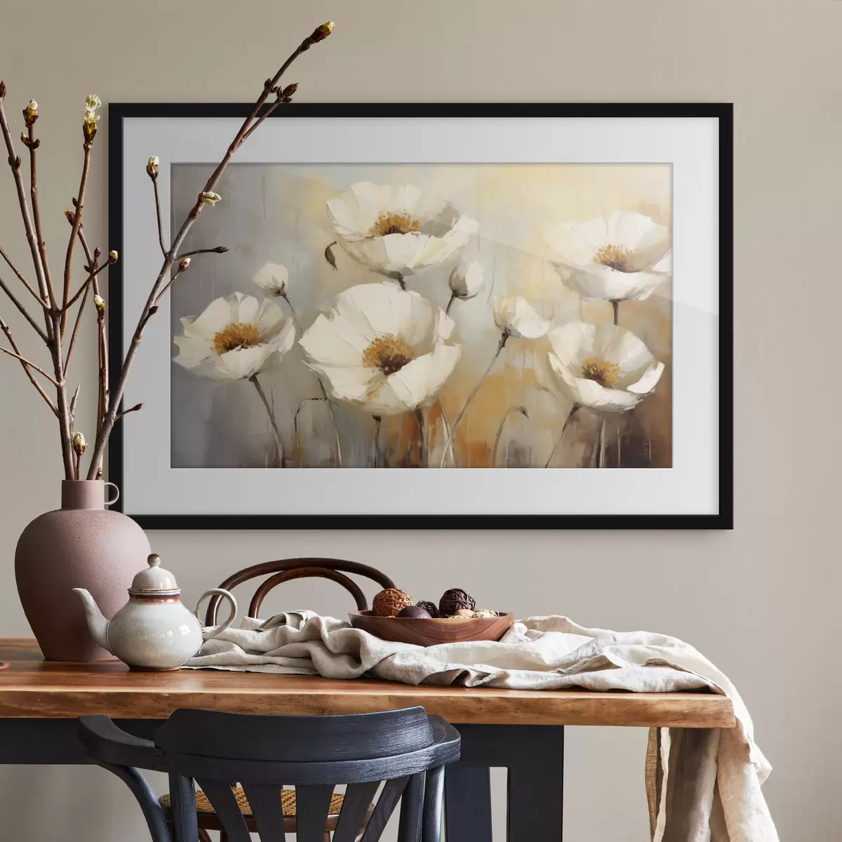 Poster Cuadro al óleo de amapolas blancas, color azul y naranja f39815