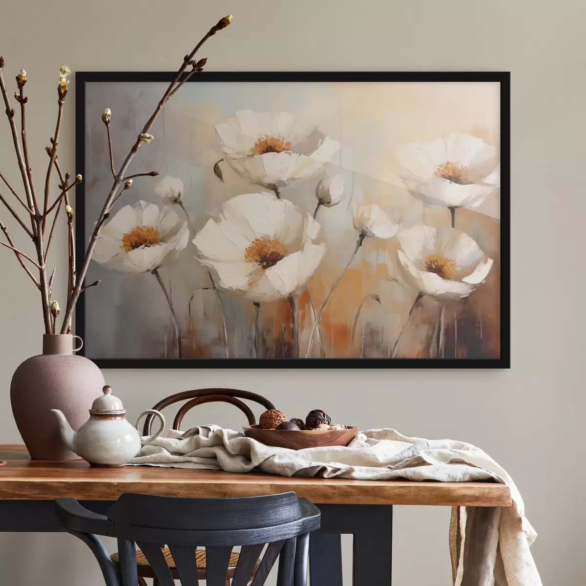 Poster Cuadro al óleo de amapolas blancas, color azul y naranja. f39815