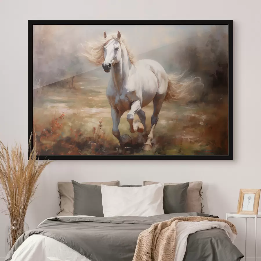 murales de pared Caballo blanco galopando por el cuadro al óleo del prado f39818