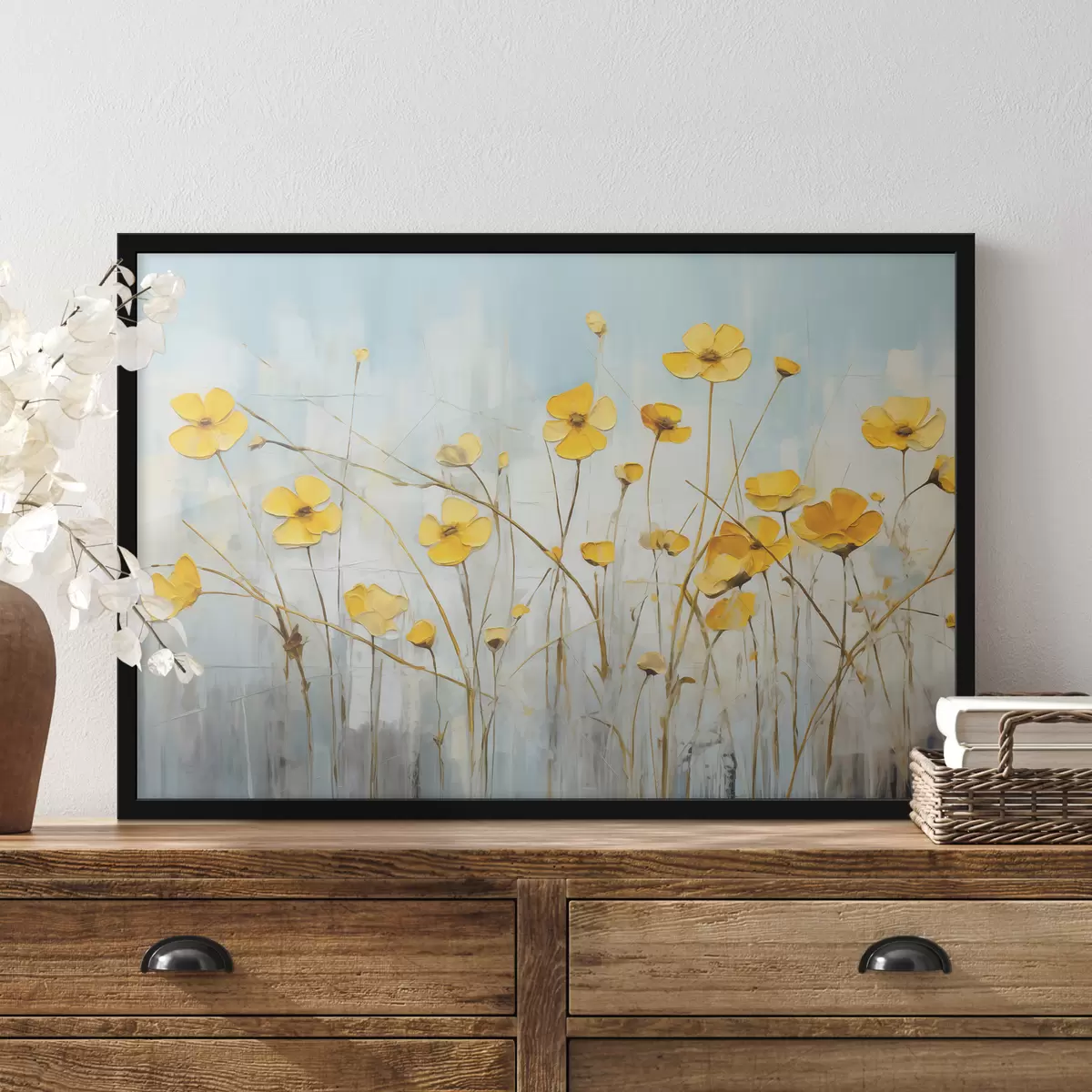 Poster Pequeñas flores amarillas en un cuadro al óleo de tallo largo. f39823