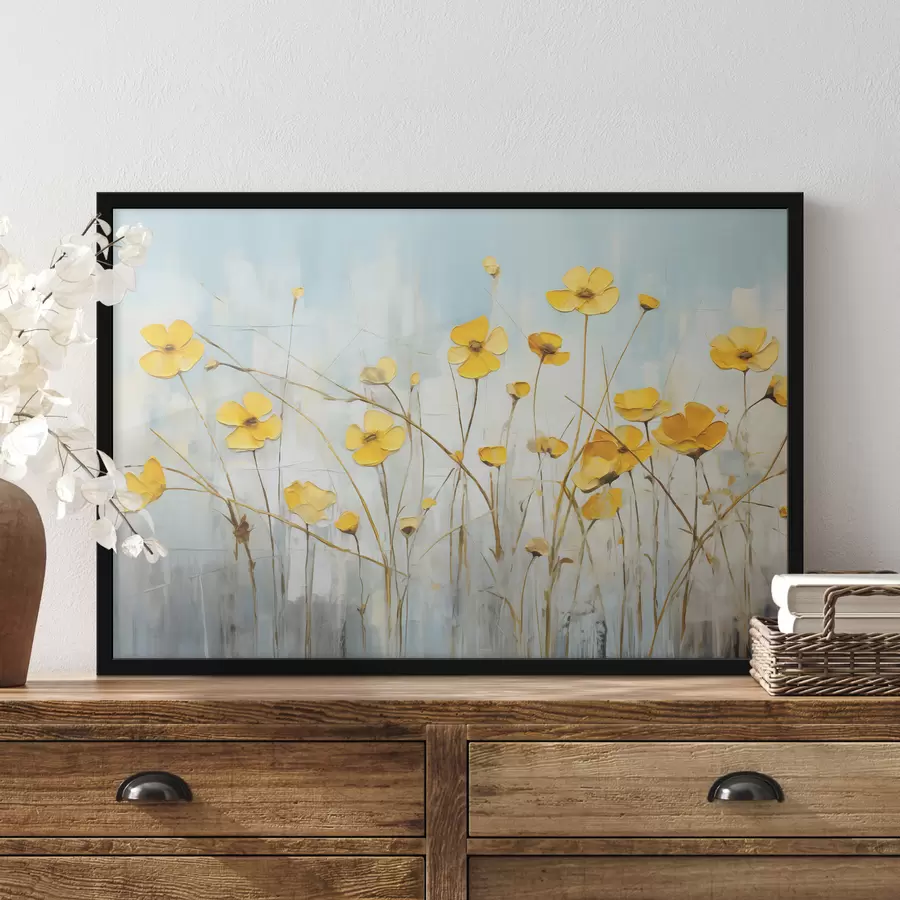 murales de pared Pequeñas flores amarillas en un cuadro al óleo de tallo largo. f39823