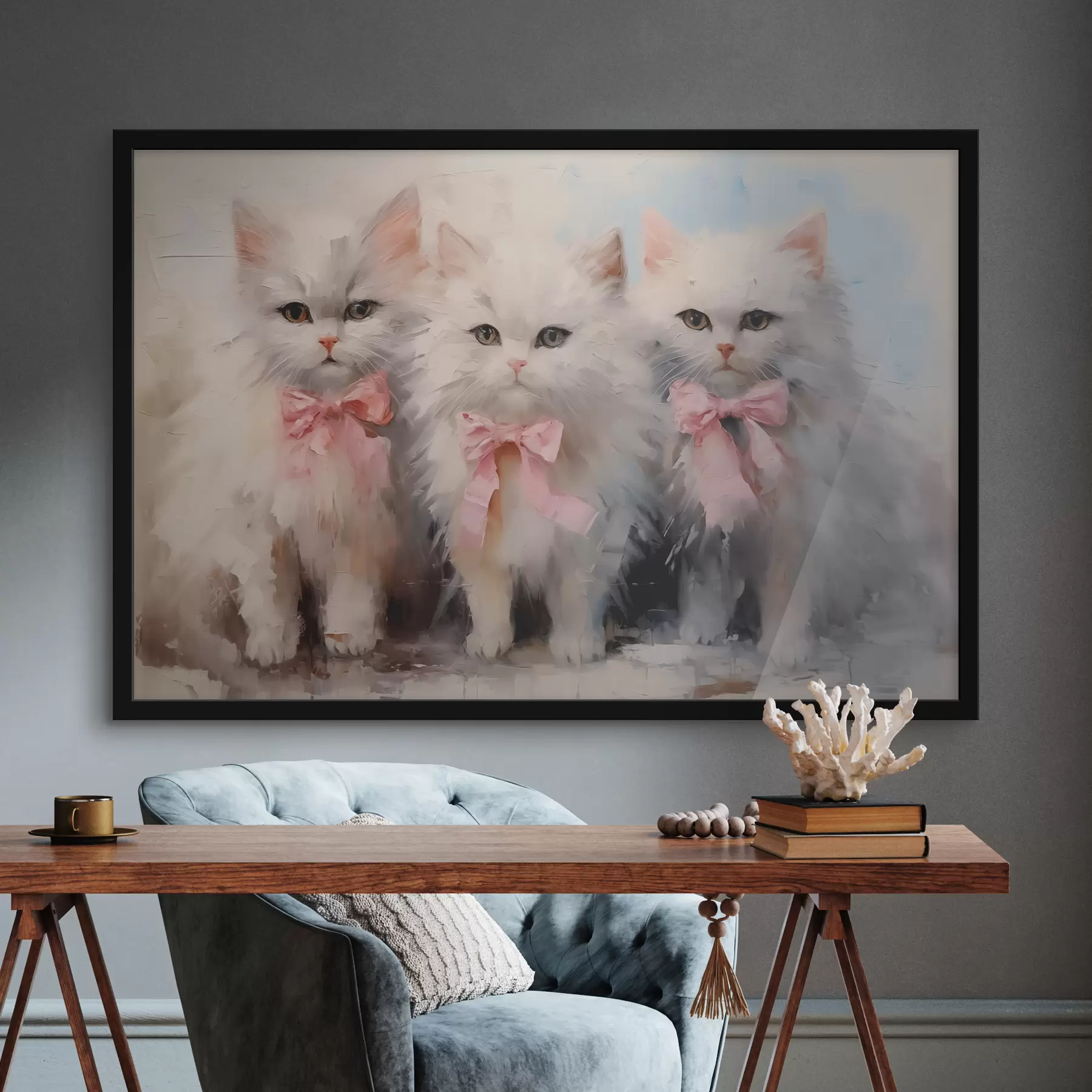 murales de pared Cuadro al óleo de gatos blancos con lazos rosas. f39826