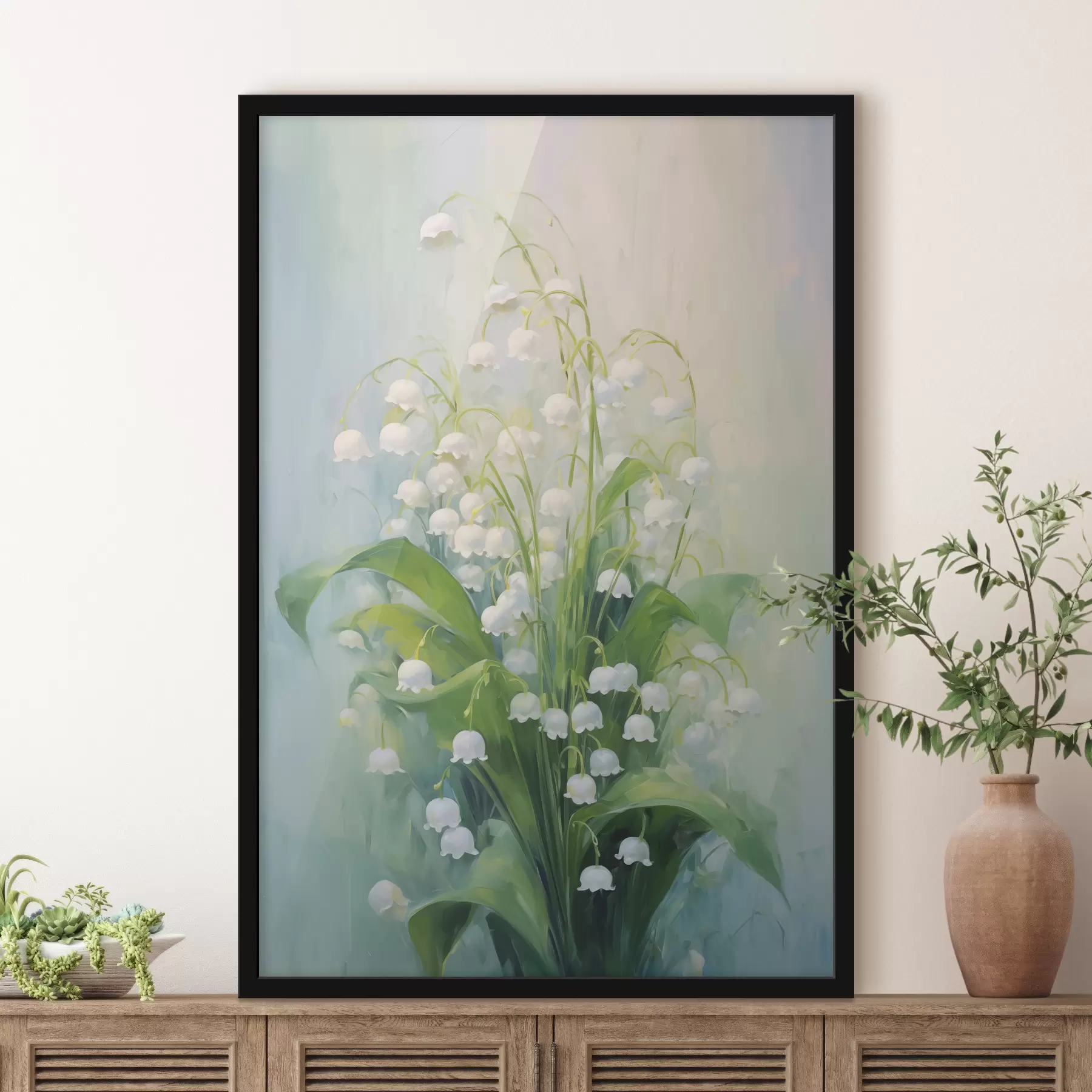 murales de pared Cuadro al óleo de lirios blancos del valle. f39827