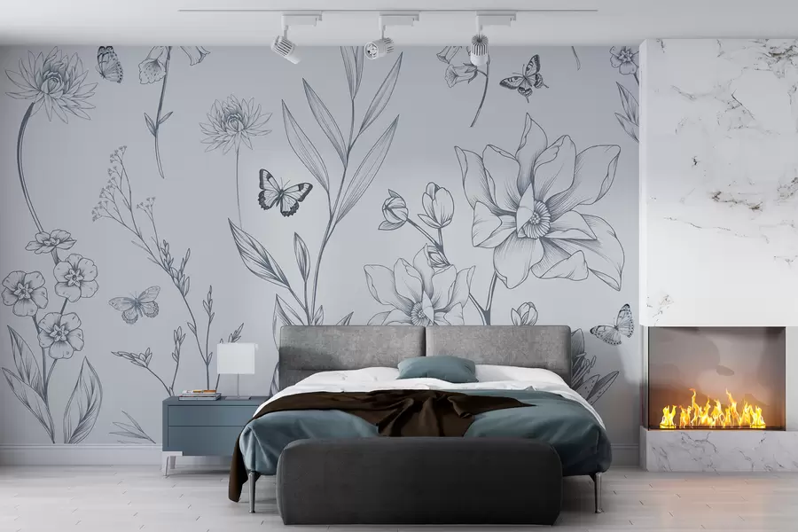 murales de pared Flores y mariposas monocromáticas boho en azul w08088v2