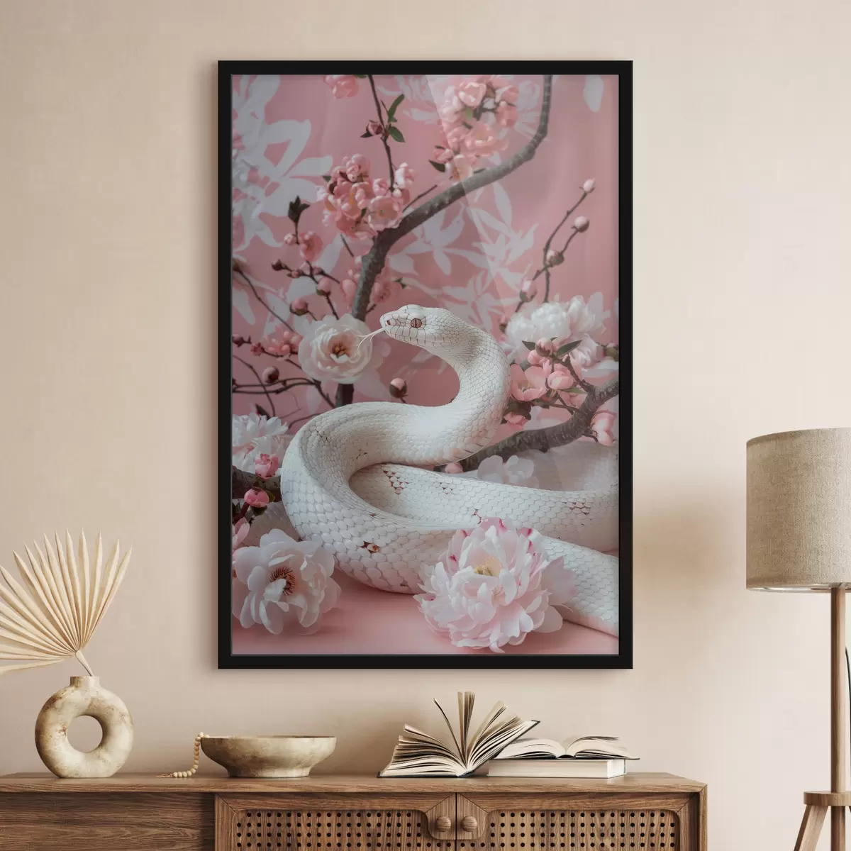 Poster Serpiente blanca y flores rosas. f39941