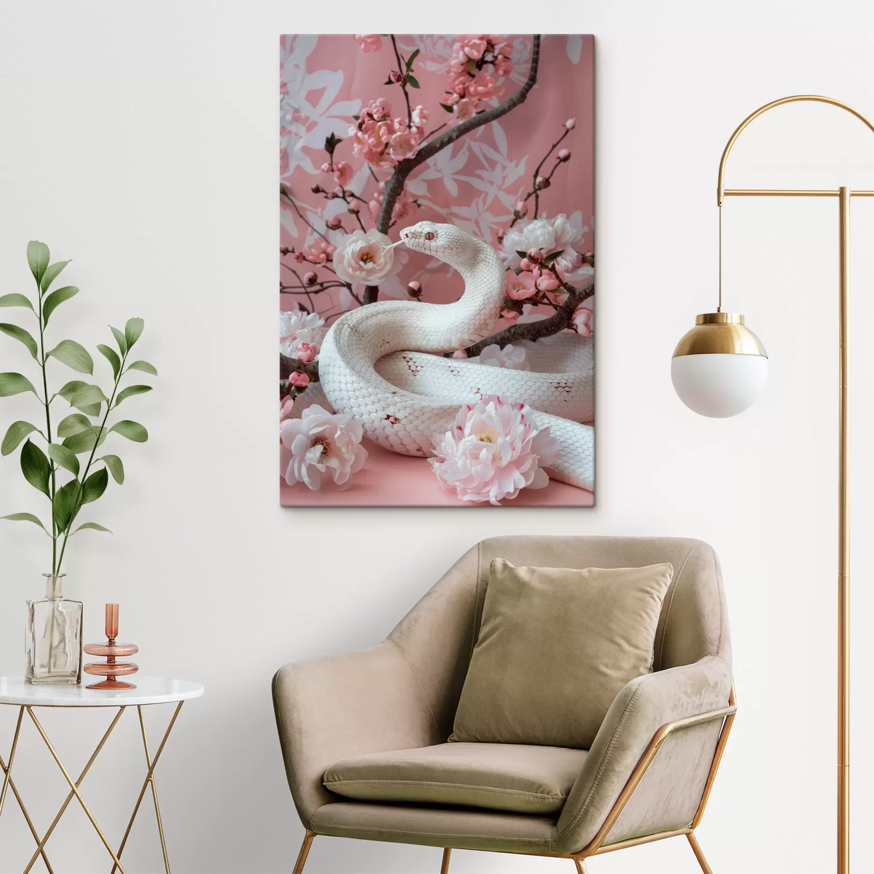 murales de pared Serpiente blanca y flores rosas. s39941