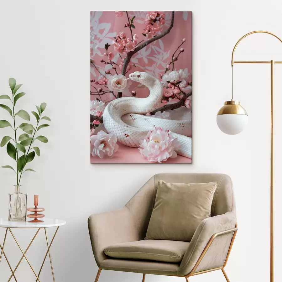 murales de pared Serpiente blanca y flores rosas. s39941