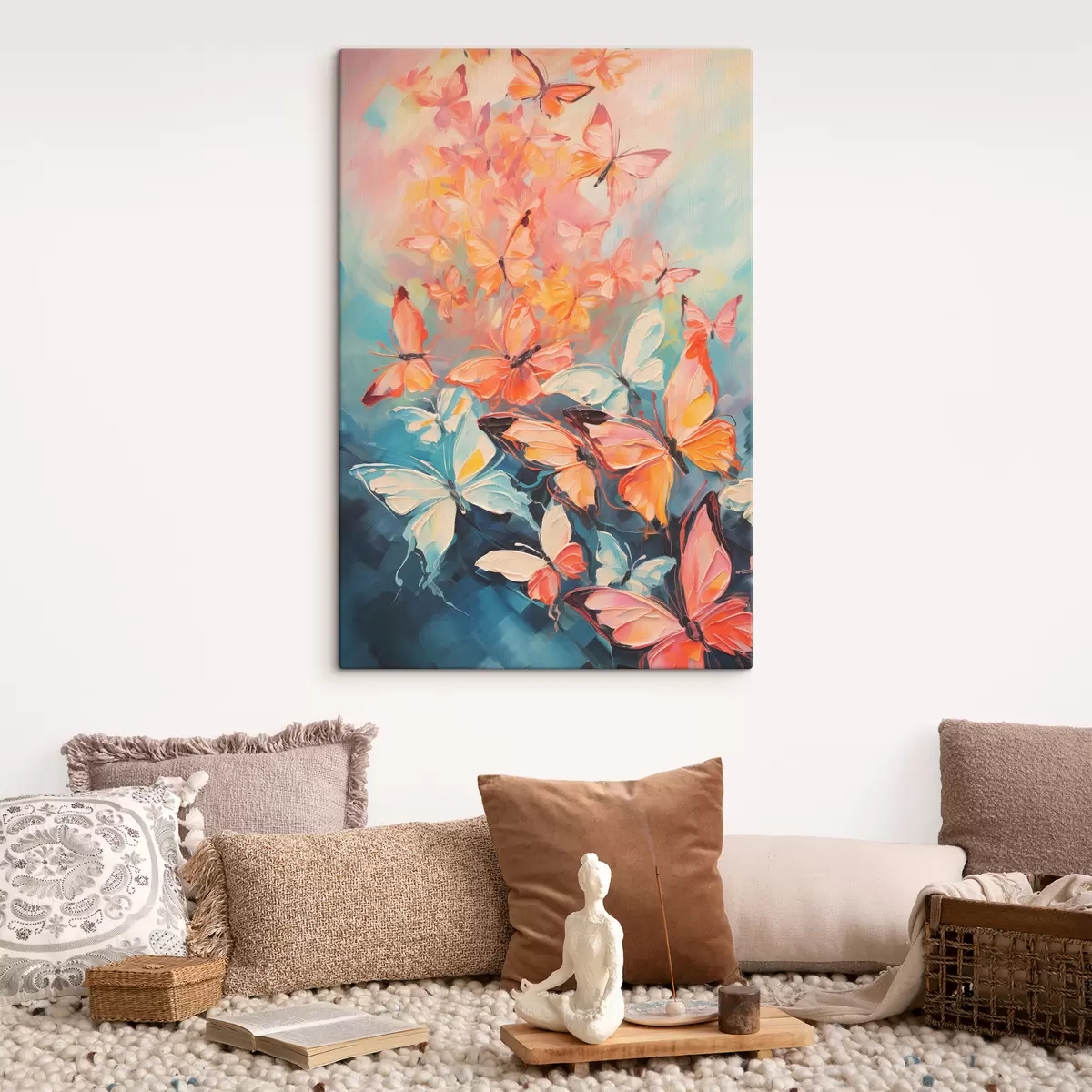 murales de pared Una bandada de mariposas volando sobre una pintura al óleo azul. s39922