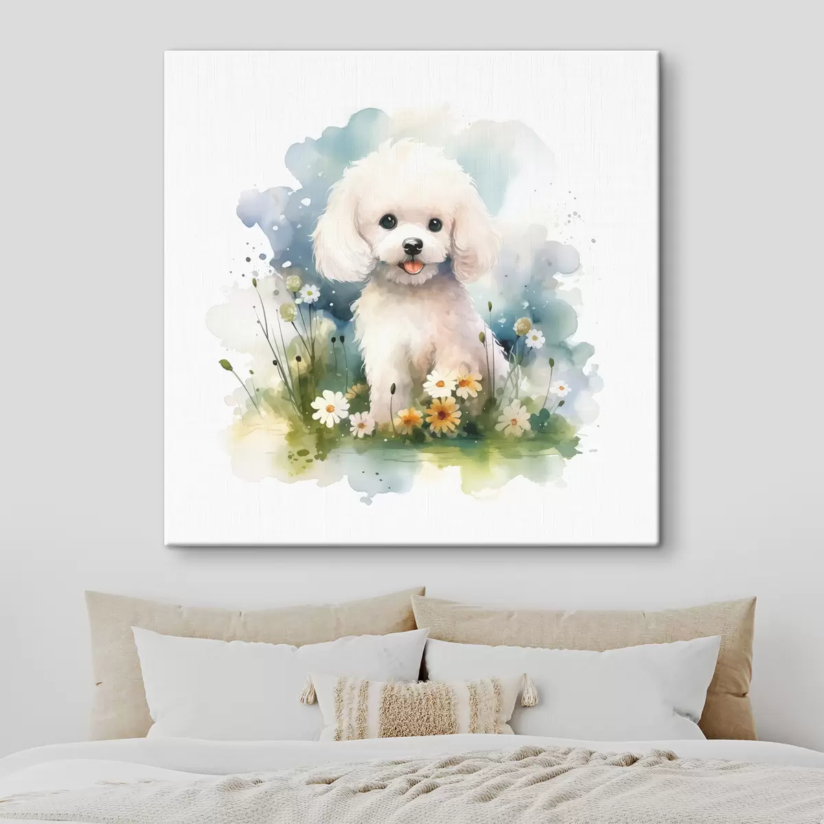 murales de pared Pequeño caniche blanco sentado en flores acuarela s39928