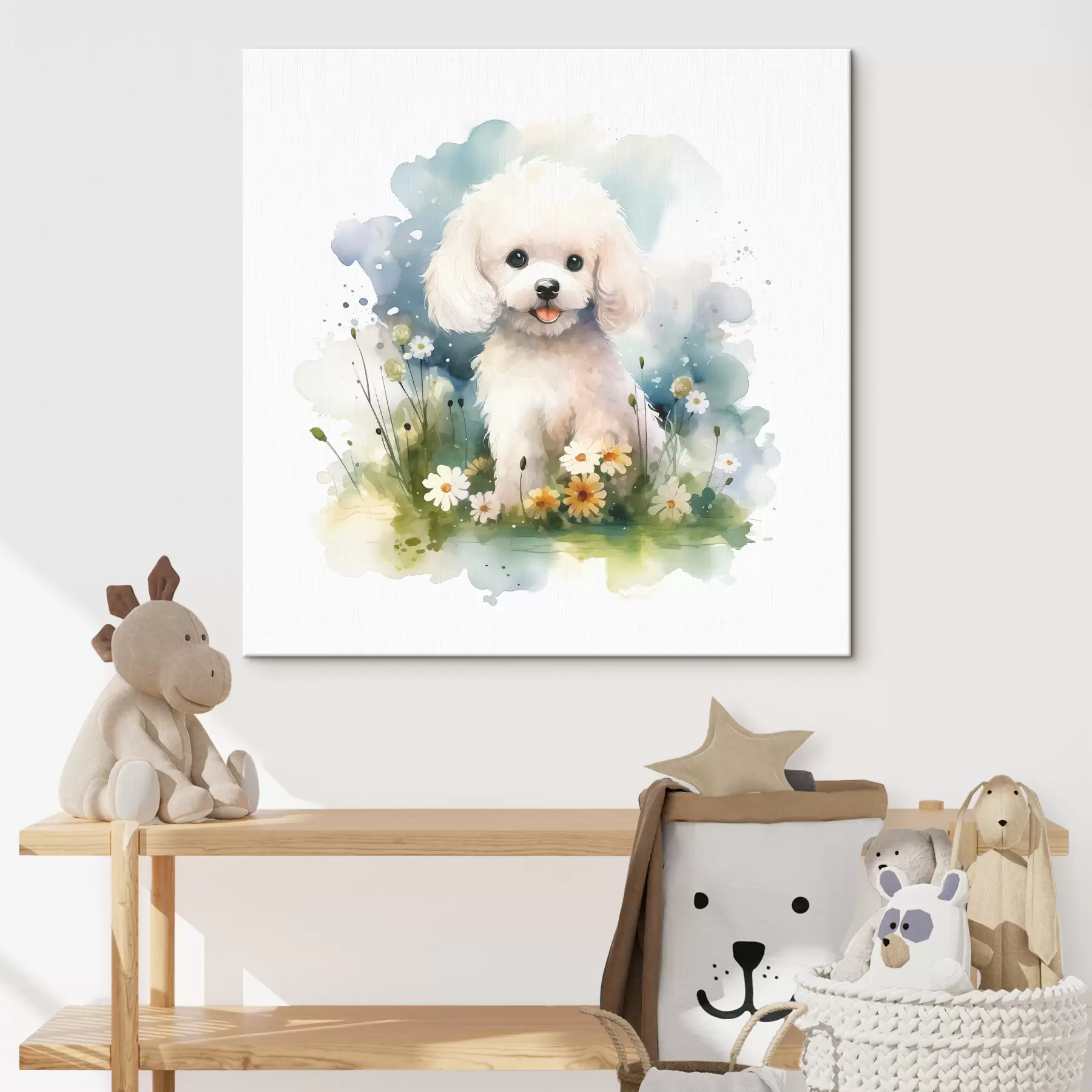 murales de pared Pequeño caniche blanco sentado en flores acuarela s39928