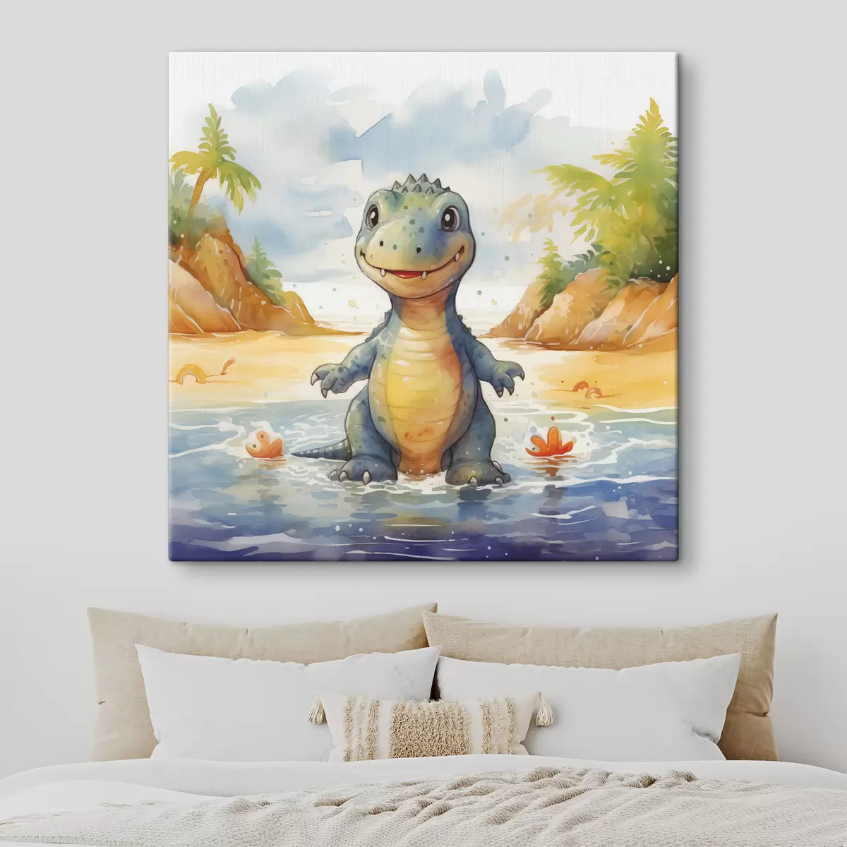 murales de pared Dinosaurio en el río con fondo de montañas y helechos acuarela s39930