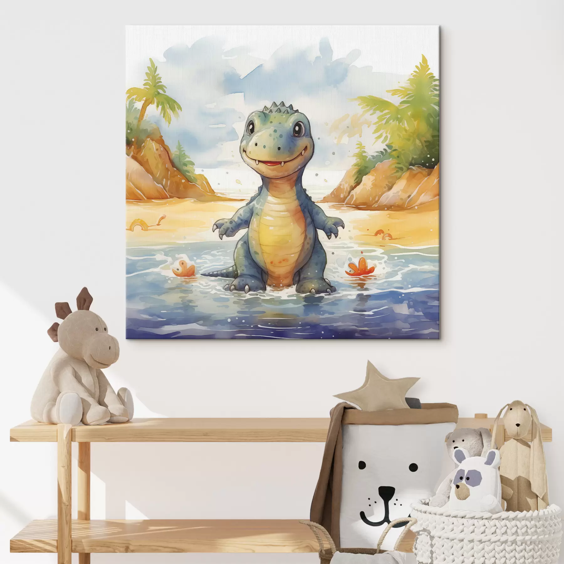 murales de pared Dinosaurio en el río con fondo de montañas y helechos acuarela s39930