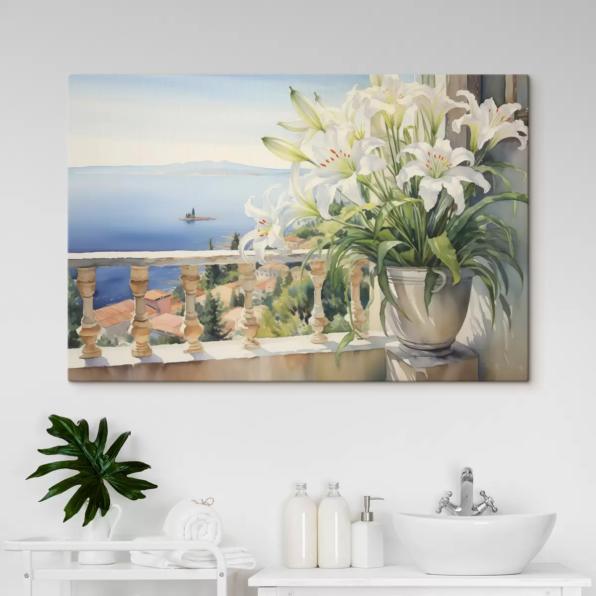 murales de pared Lirios blancos en una maceta en un balcón con el fondo de la bahía acuarela s39932