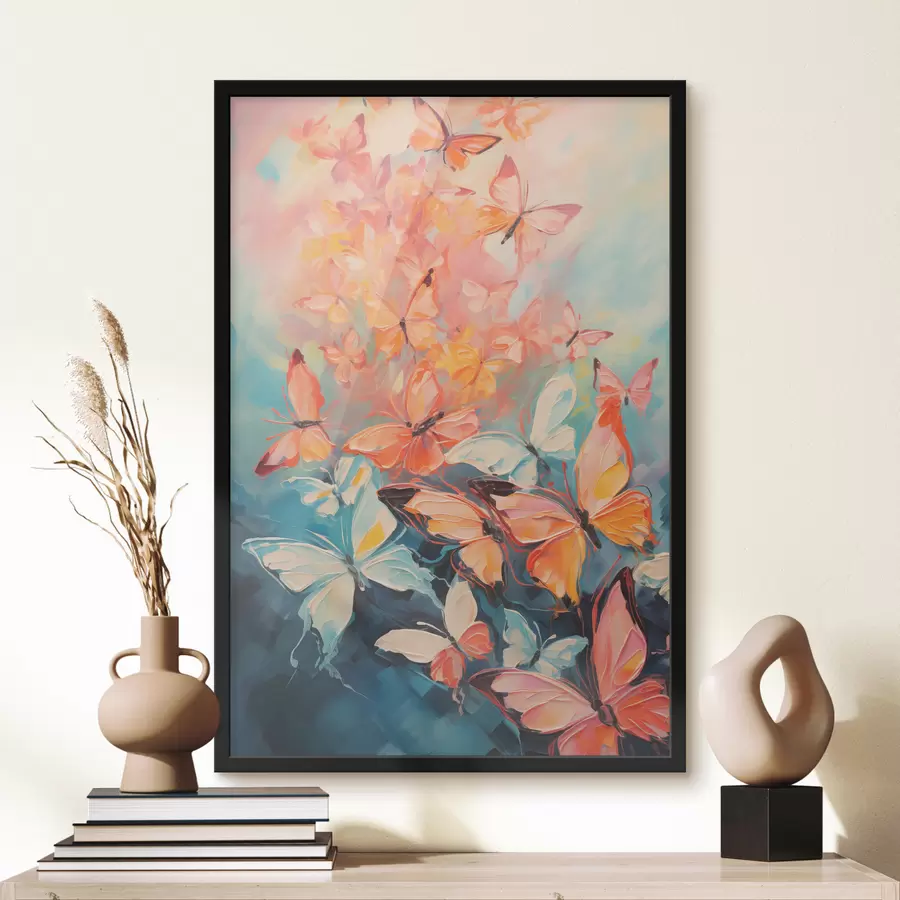 murales de pared Una bandada de mariposas volando sobre una pintura al óleo azul. f39922