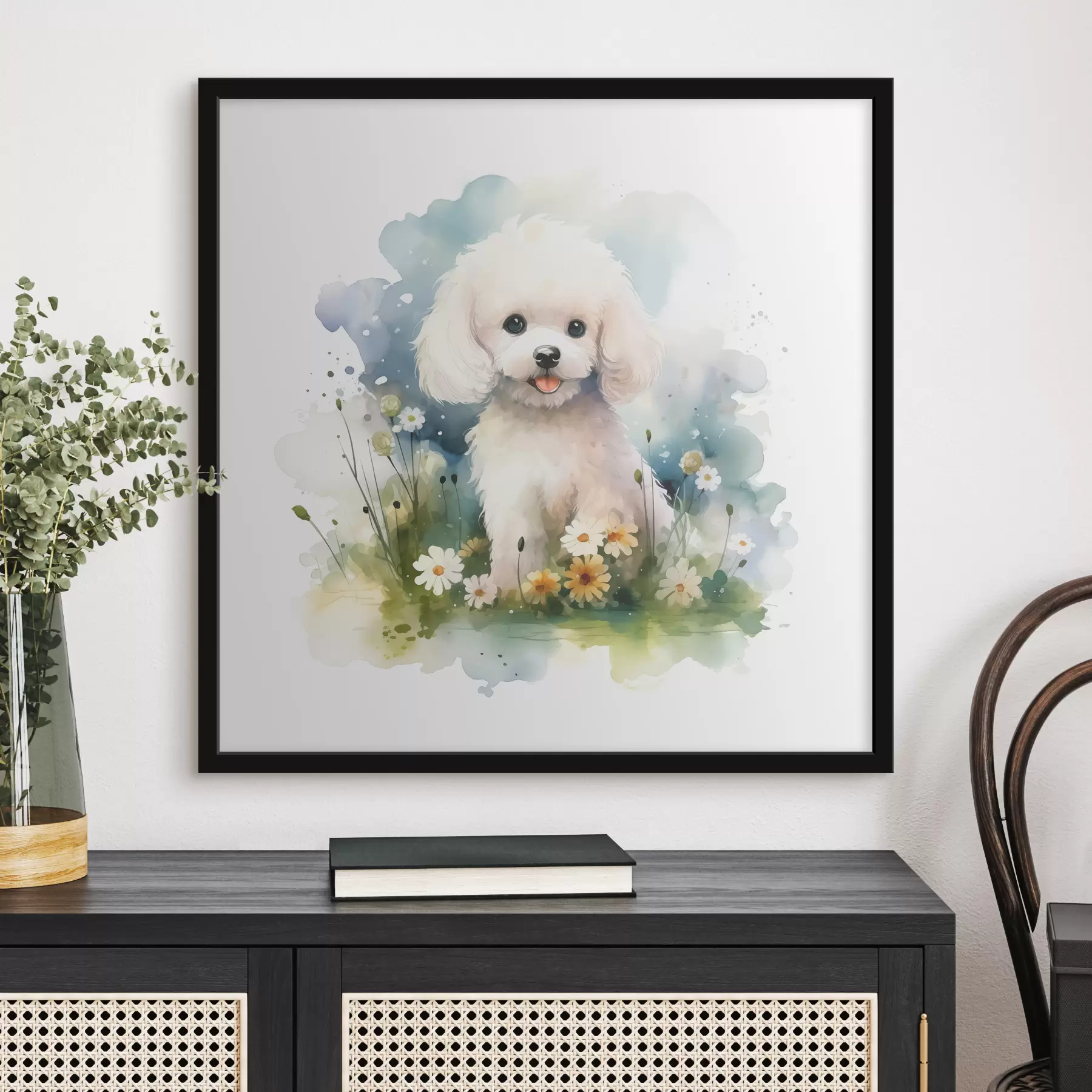 murales de pared Pequeño caniche blanco sentado en una acuarela de flores f39928