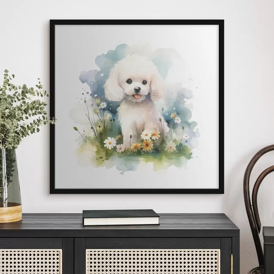 murales de pared Pequeño caniche blanco sentado en una acuarela de flores f39928