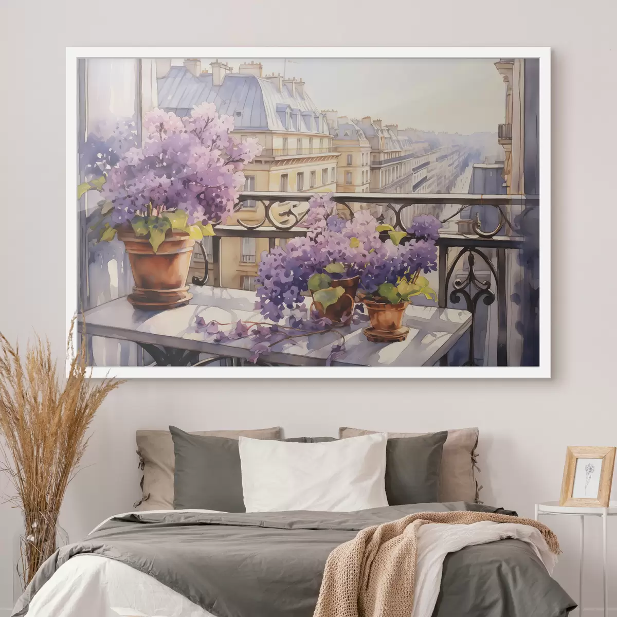 Poster Violetas en maceta en un balcón de París acuarela f39931