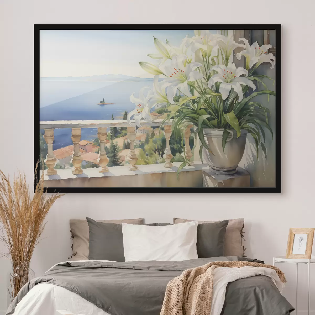 Poster Lirios blancos en una maceta en un balcón con el fondo de la bahía acuarela f39932