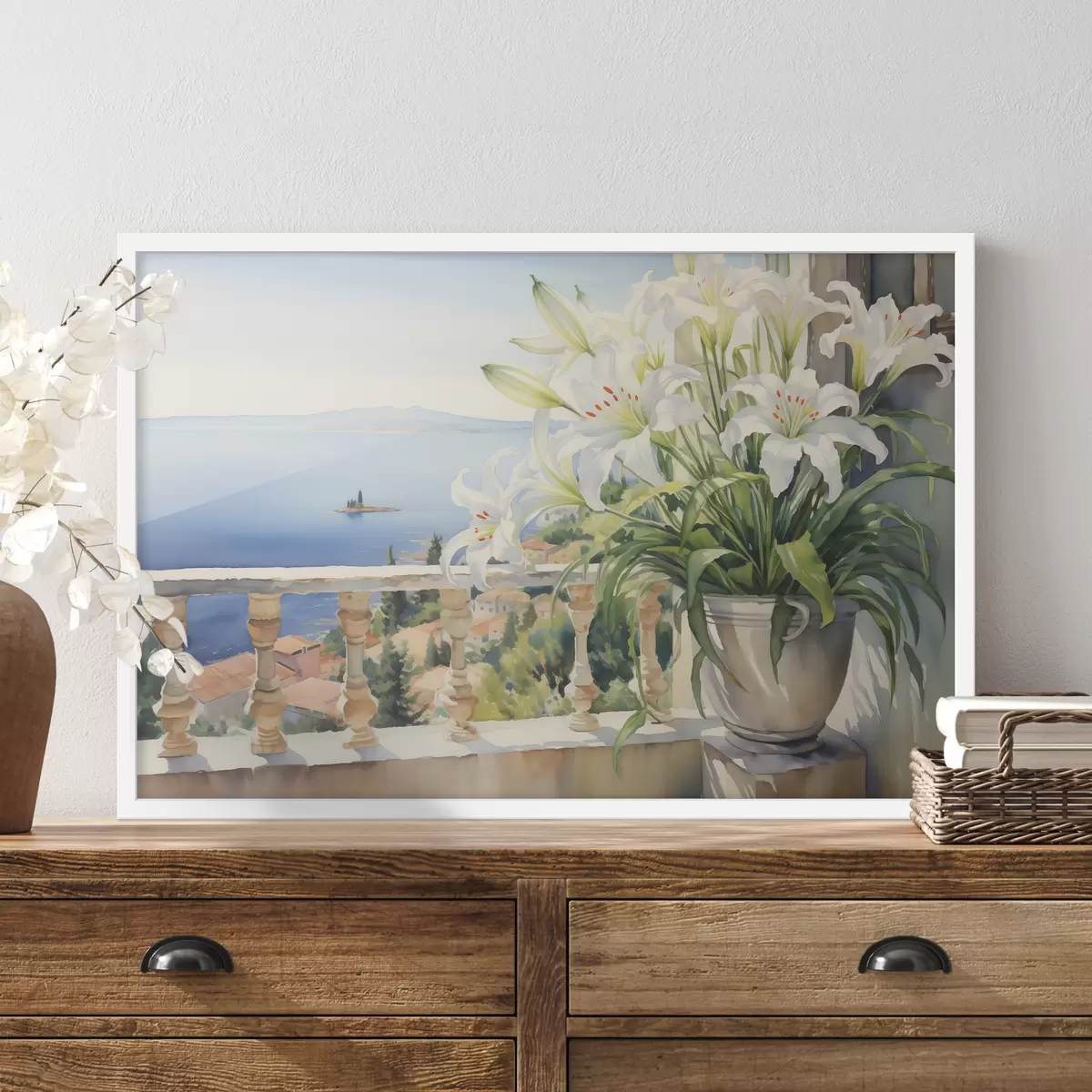 Poster Lirios blancos en una maceta en un balcón con el fondo de la bahía acuarela f39932