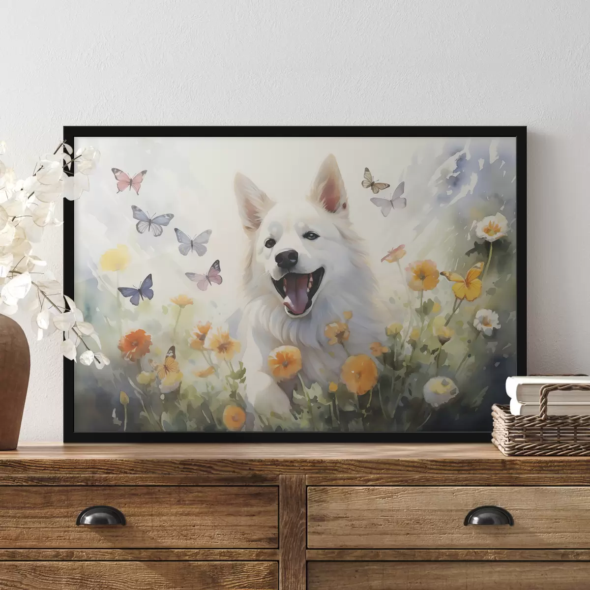Poster Perro blanco sentado entre flores, mariposas volando acuarela f39936