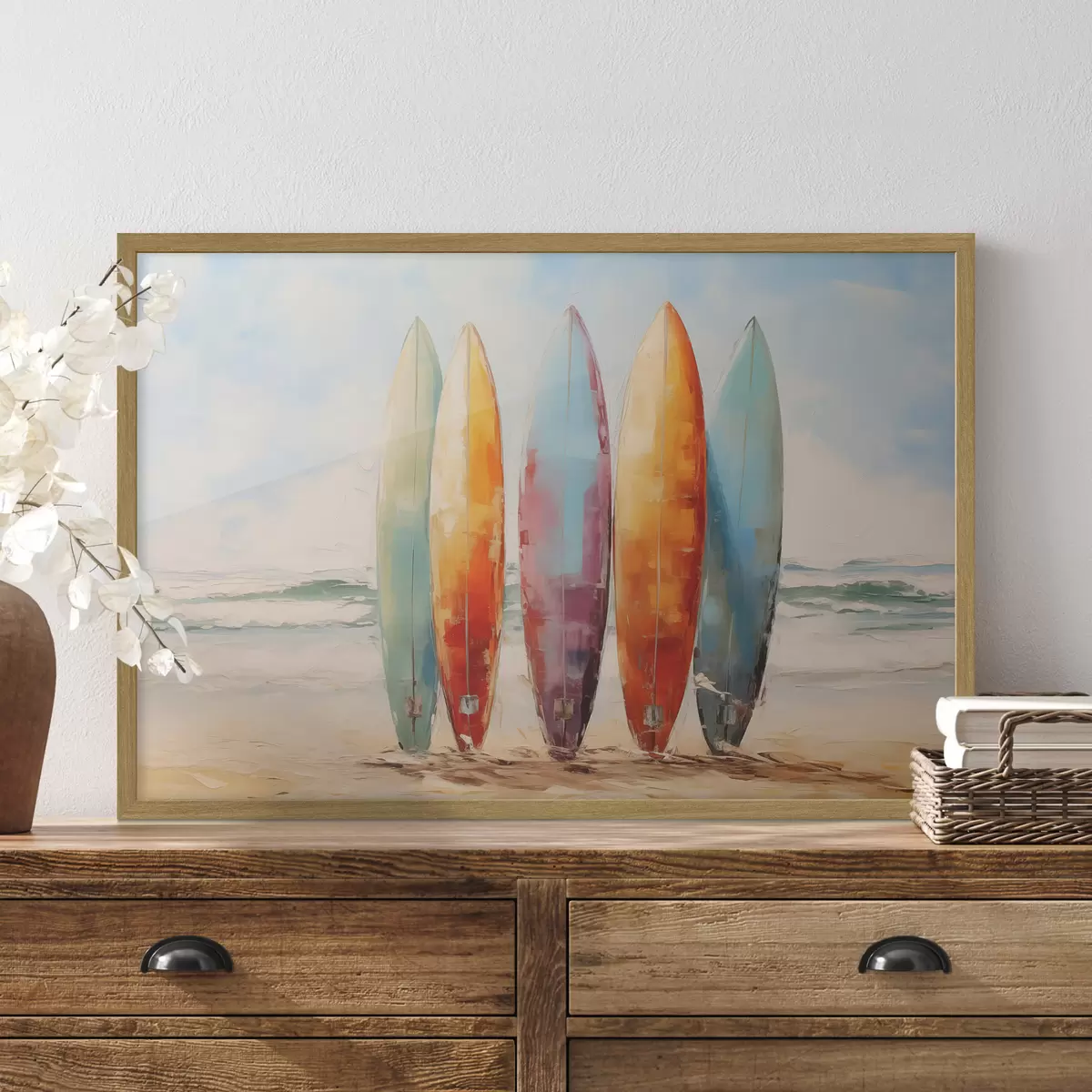 Poster Cuadro de tablas de surf en la playa f39938