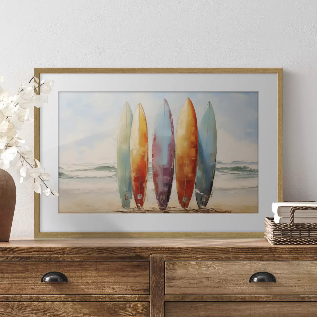 Poster Cuadro de tablas de surf en la playa f39938