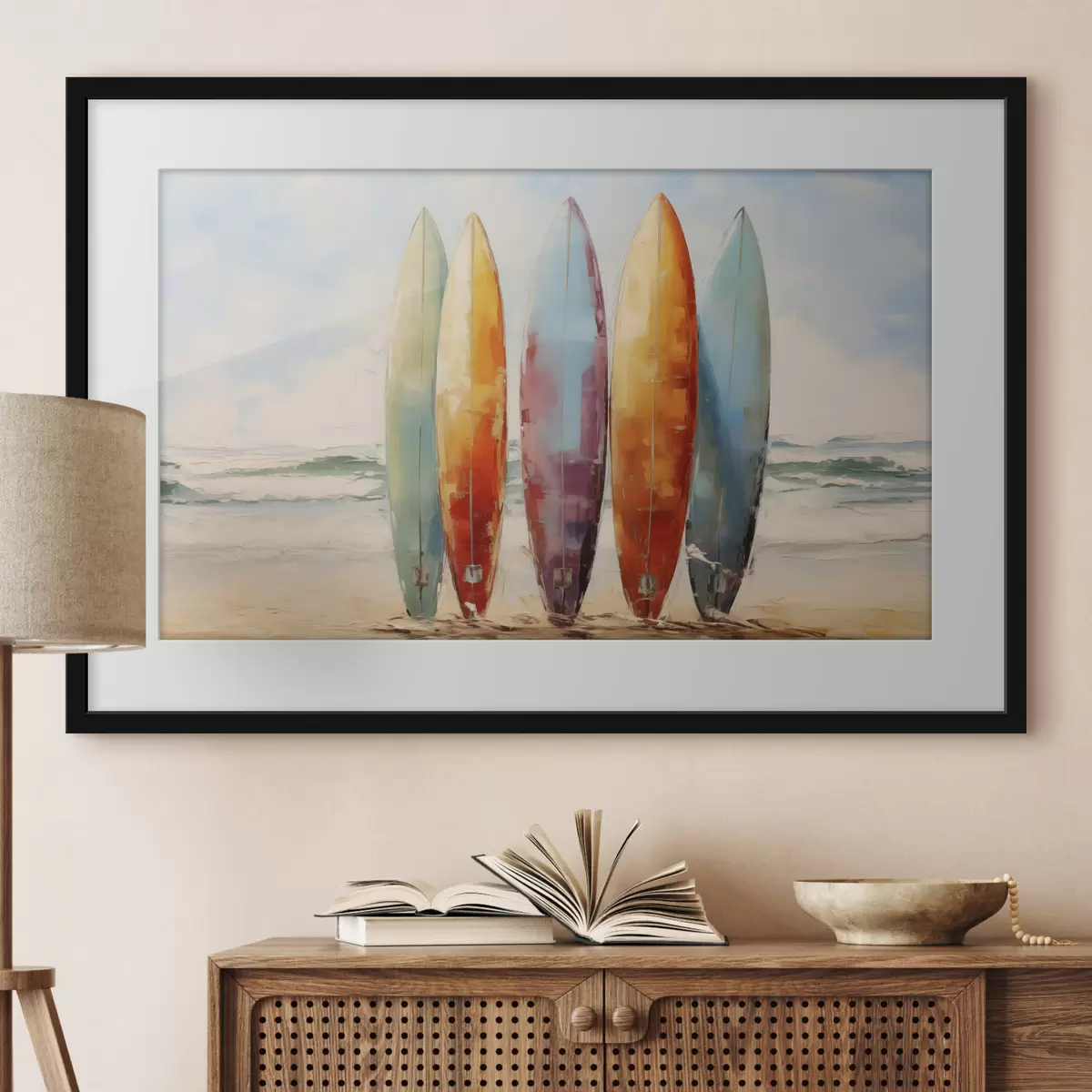Poster Cuadro de tablas de surf en la playa f39938