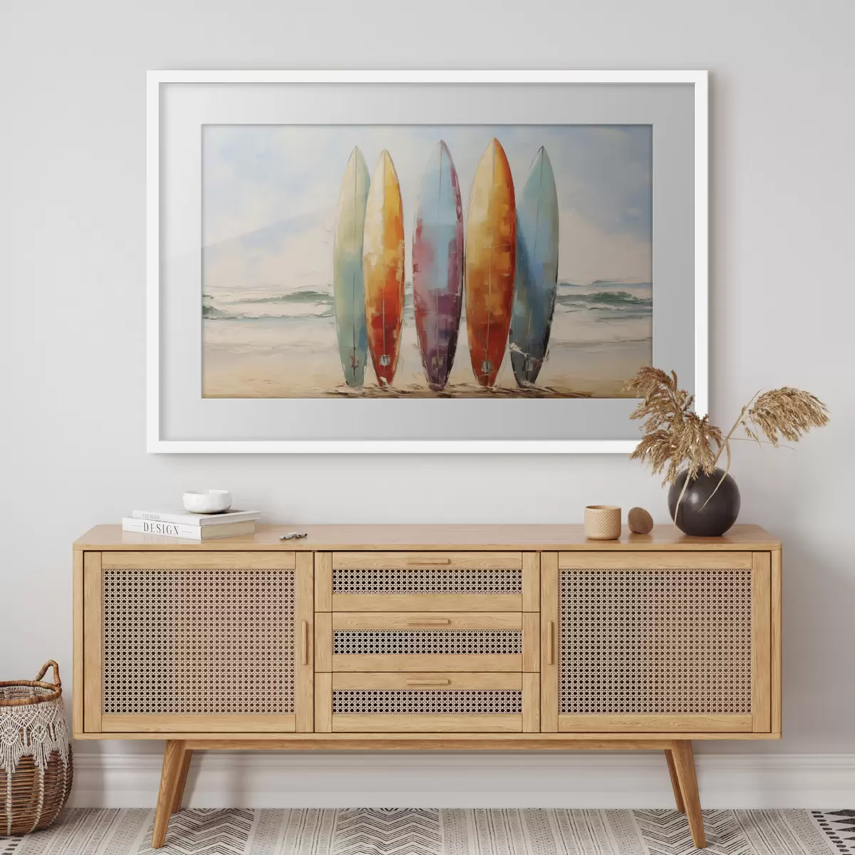 Poster Cuadro de tablas de surf en la playa f39938