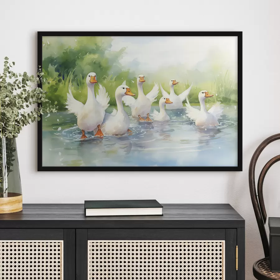 murales de pared Gansos blancos bañándose en un estanque, pintura de acuarela f39939