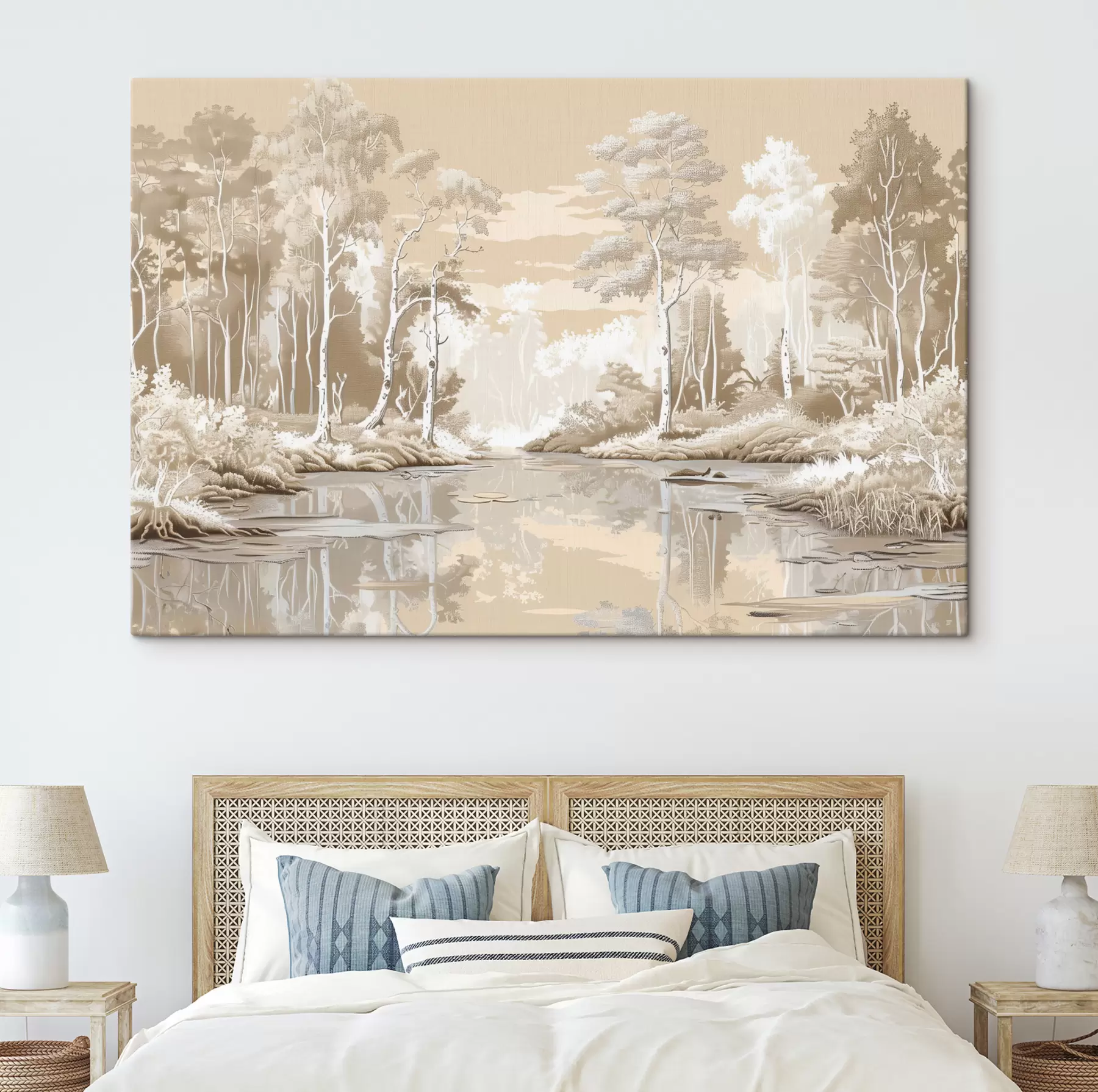 murales de pared Hermoso paisaje forestal, suaves colores pastel, beige y blanco. s39978