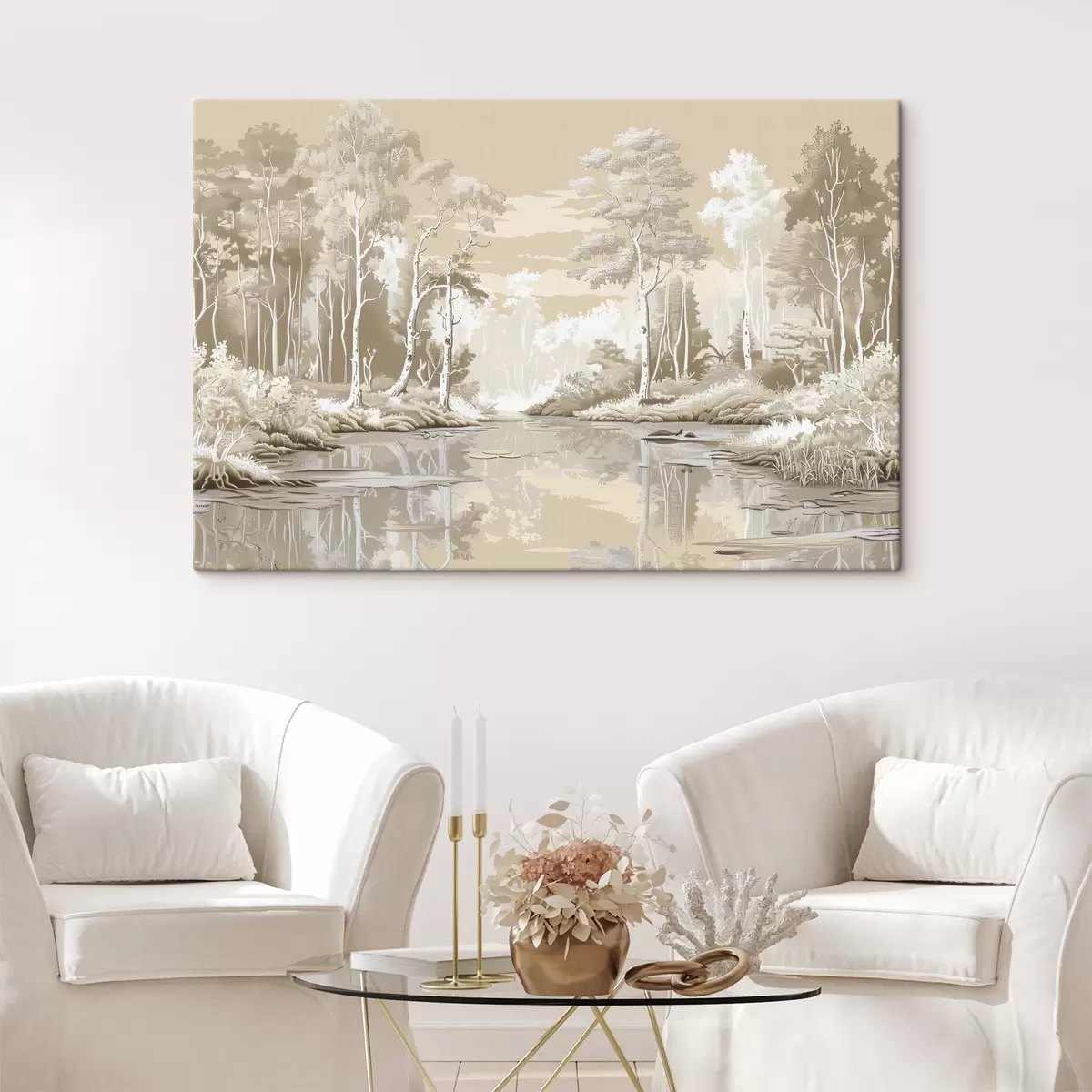 murales de pared Hermoso paisaje forestal, suaves colores pastel, beige y blanco. s39978