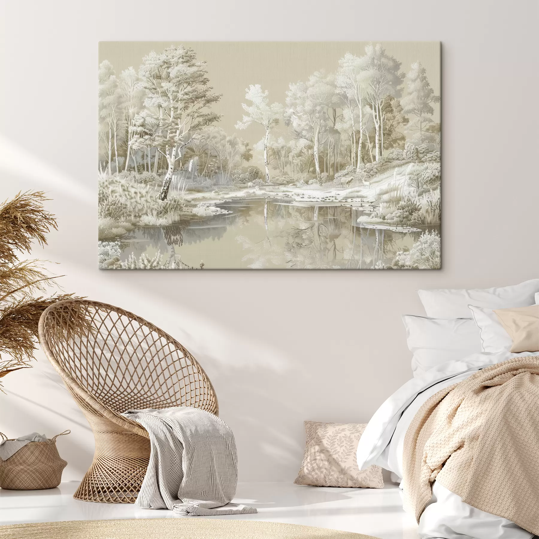 murales de pared Hermoso paisaje forestal, estanque y árboles, colores beige y blanco. s39979